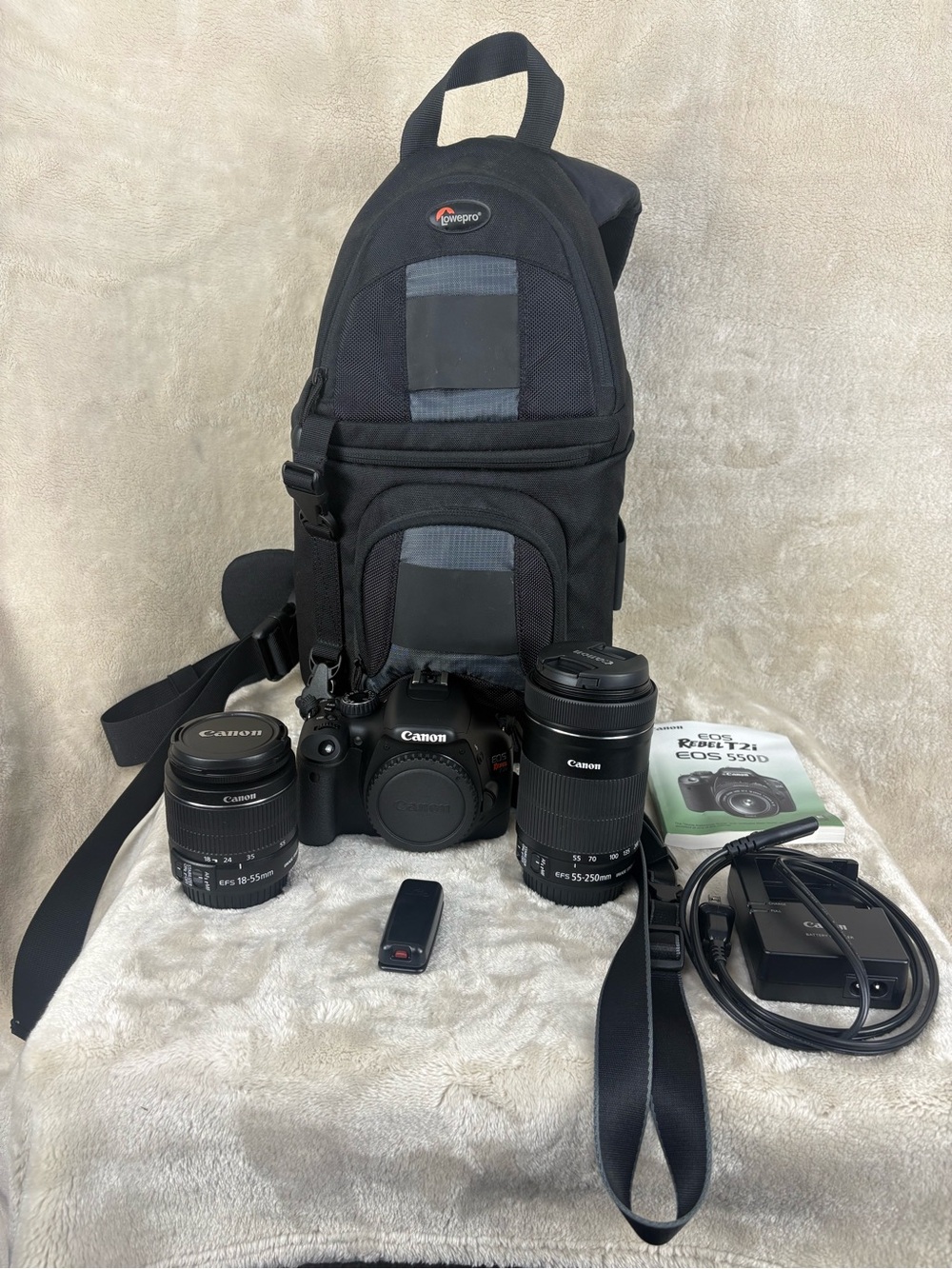 Canon Rebel T2i DSLR Kit w/Black Sling Bag, 2 Canon Lenses and Remote Shutter
